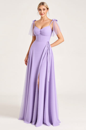Chiffon Lilac A Line Tie-up Shoulder Straps Long Bridesmaid Dress with Slit